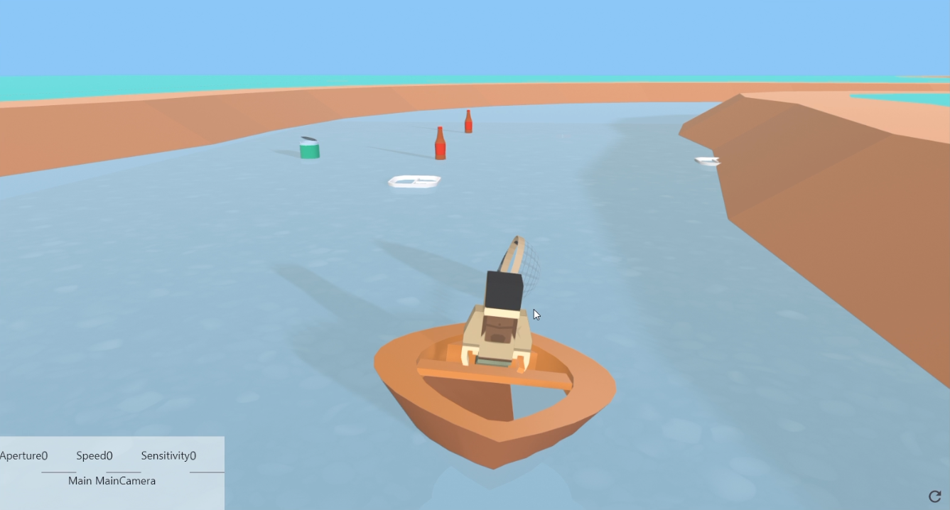Screenshot from first game concept showing a character in a boat on a river with various pieces of floating rubbish