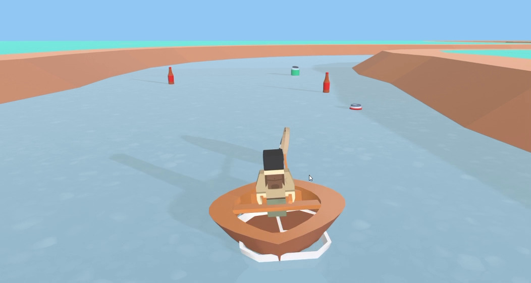 Screenshot from first game concept showing the boat on top of a piece of rubbish